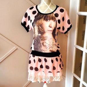 Very cute! Rare Vintage Pink Polkadots Shiffon Hipster Lace Mini Dress.